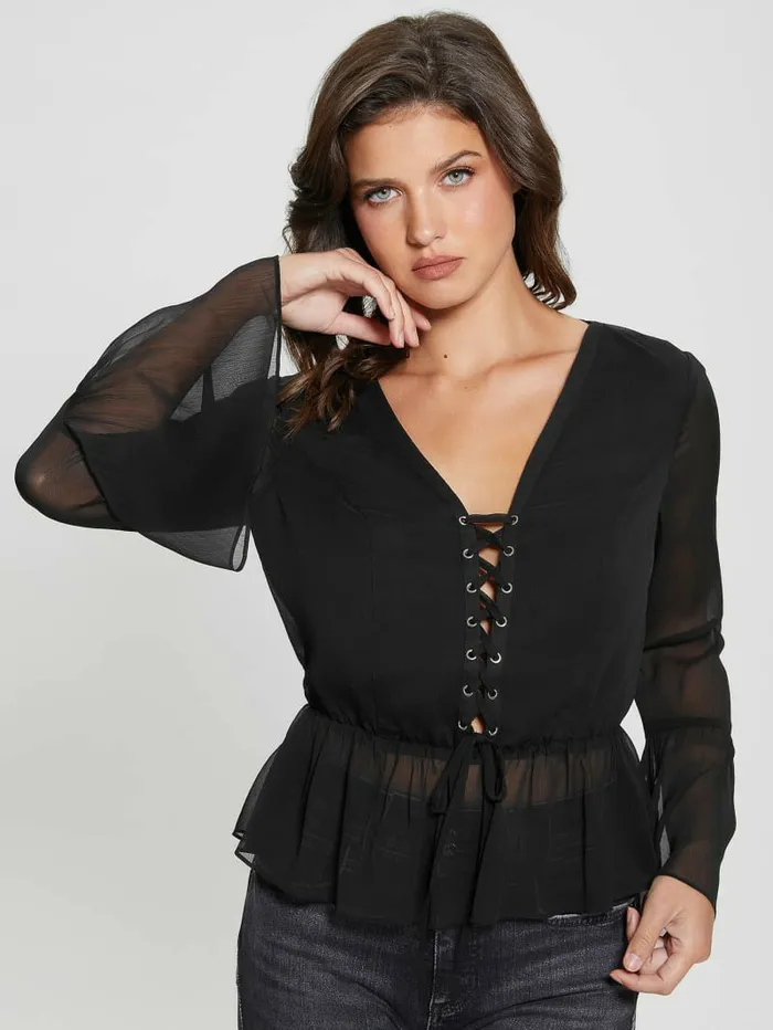 Tops Women Eco Demi LaceUp Top Black GUESS Tops Women Eco Demi LaceUp Top Black GUESS
