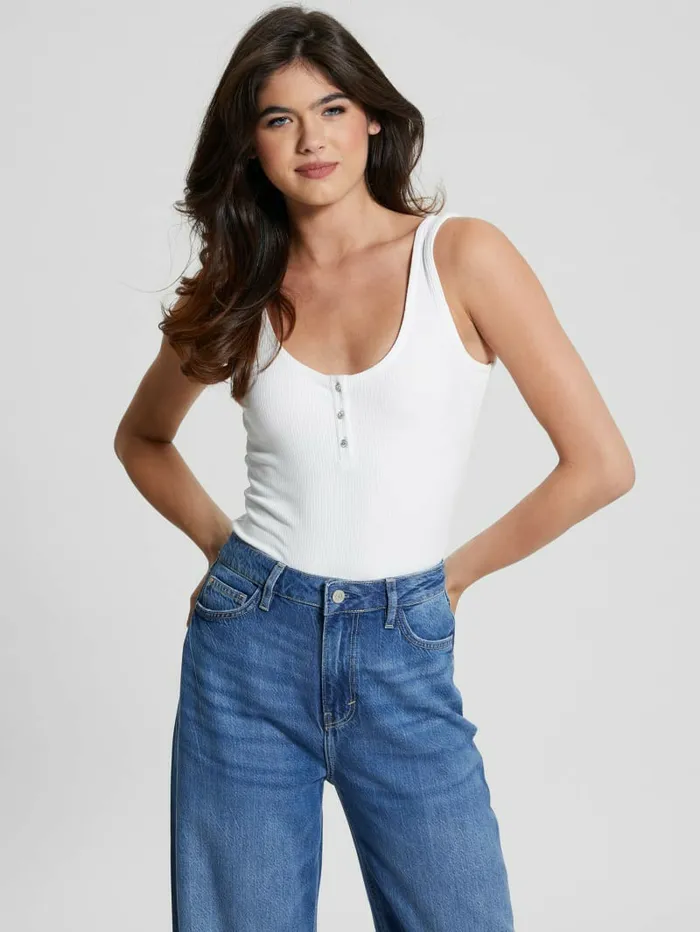 Tops Women GUESS Karlee Jewel Button Bodysuit Pure White