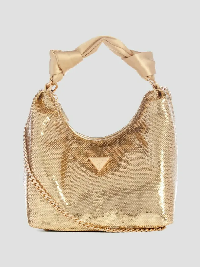 Velina Sequin Hobo Bag Gold Women Handbags GUESS
