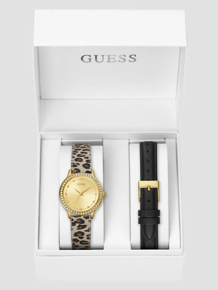 Watches GoldTone Crystal Analog Watch with Black Leather Strap Gold 8211 GUESS Women