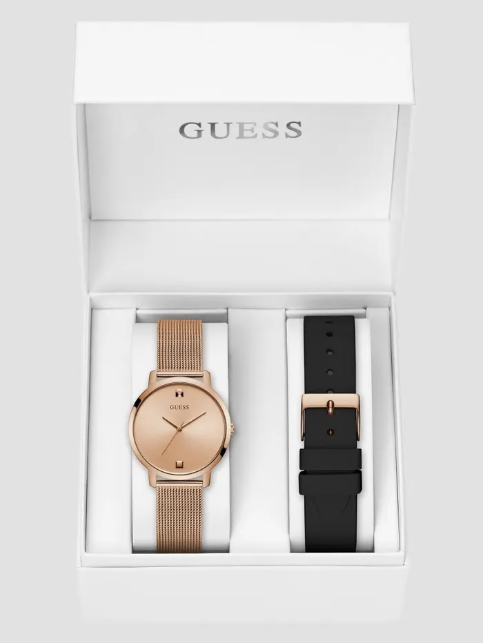 Watches GUESS Women Rose GoldTone Analog Watch with Black Silicone Strap Rose Gold