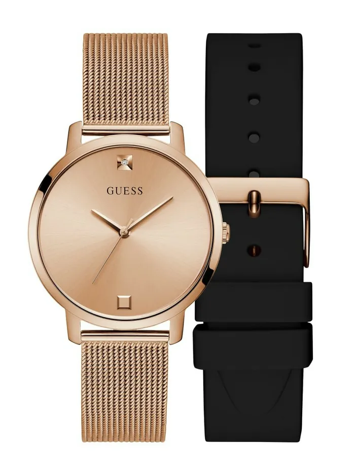 Watches GUESS Women Rose GoldTone Analog Watch with Black Silicone Strap Rose Gold Watches GUESS Women Rose GoldTone Analog Watch with Black Silicone Strap Rose Gold
