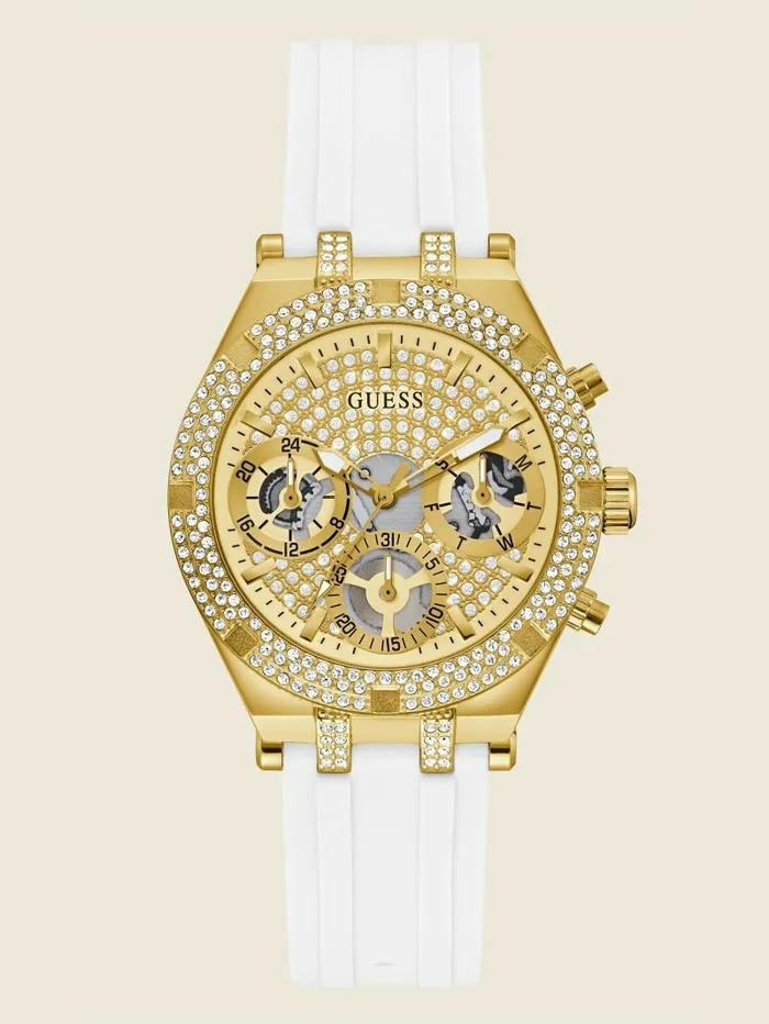 Watches Women GUESS GoldTone and White Silicone Multifunction Watch Rose Gold
