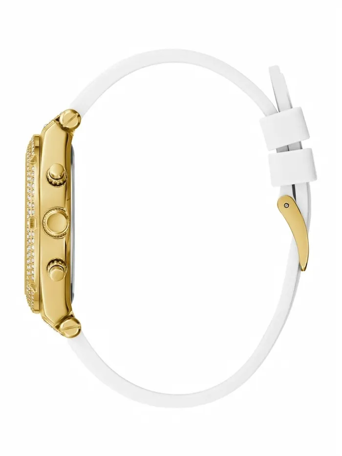 Watches Women GUESS GoldTone and White Silicone Multifunction Watch Rose Gold Watches Women GUESS GoldTone and White Silicone Multifunction Watch Rose Gold