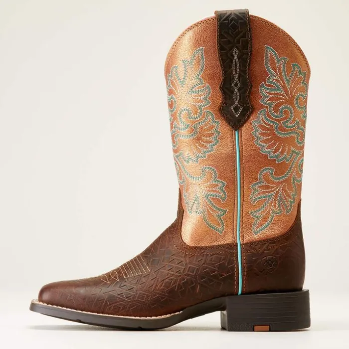 Western Boots Women Ariat Round Up Wide Square Toe StretchFit Western Boot Toasted Blanket Emboss