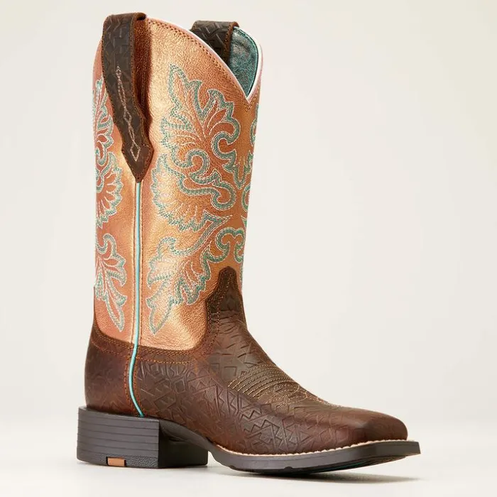 Western Boots Women Ariat Round Up Wide Square Toe StretchFit Western Boot Toasted Blanket Emboss