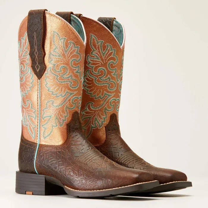 Western Boots Women Ariat Round Up Wide Square Toe StretchFit Western Boot Toasted Blanket Emboss