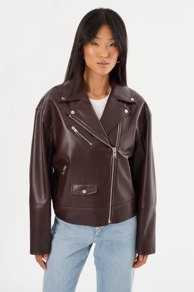 Women ANDRADE Recycled Leather Biker Jacket Mahogany LAMARQUE Leather Jackets Women ANDRADE Recycled Leather Biker Jacket Mahogany LAMARQUE Leather Jackets