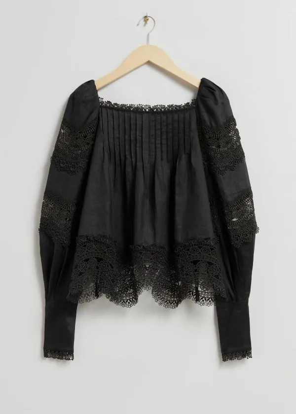 Women Blouses and Shirts and Other Stories LaceTrimmed Blouse Black