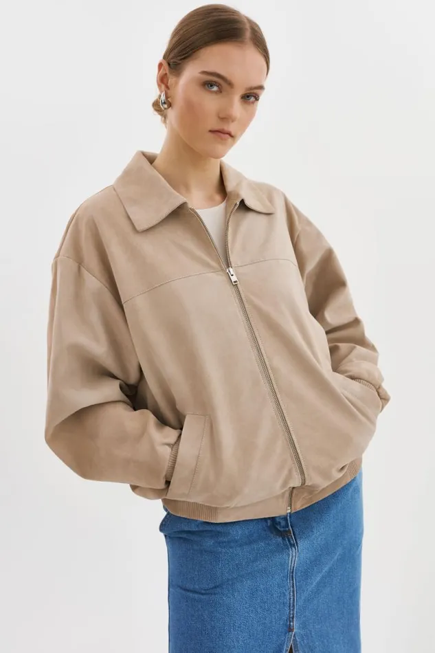 Women CADEN Oversized Suede Bomber Jacket Sand LAMARQUE Bombers