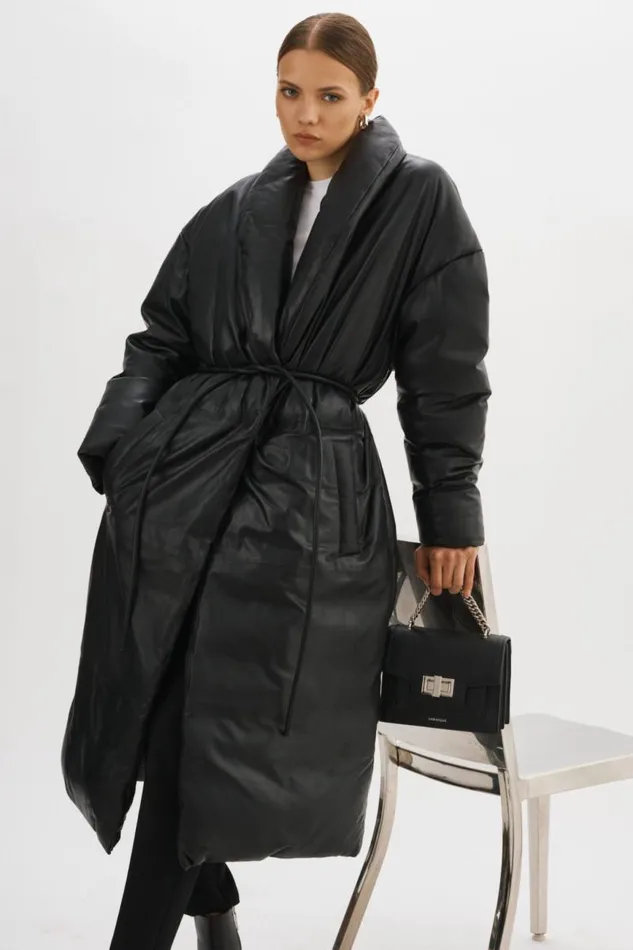 Women CATALINA Oversized Leather Blanket Coat Black LAMARQUE Leather Jackets