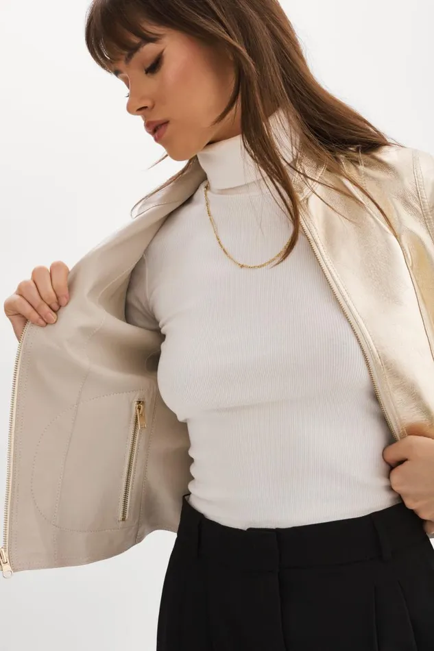 Women CHAPIN Reversible Leather Bomber Bonegold LAMARQUE Bombers