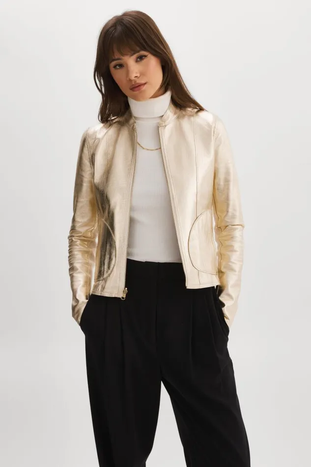Women CHAPIN Reversible Leather Bomber Bonegold LAMARQUE Bombers