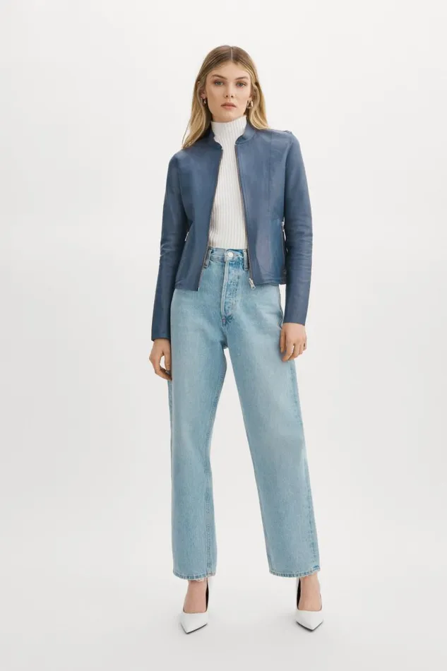 Women CHAPIN Reversible Leather Bomber Smoked Blue Silver LAMARQUE Bombers