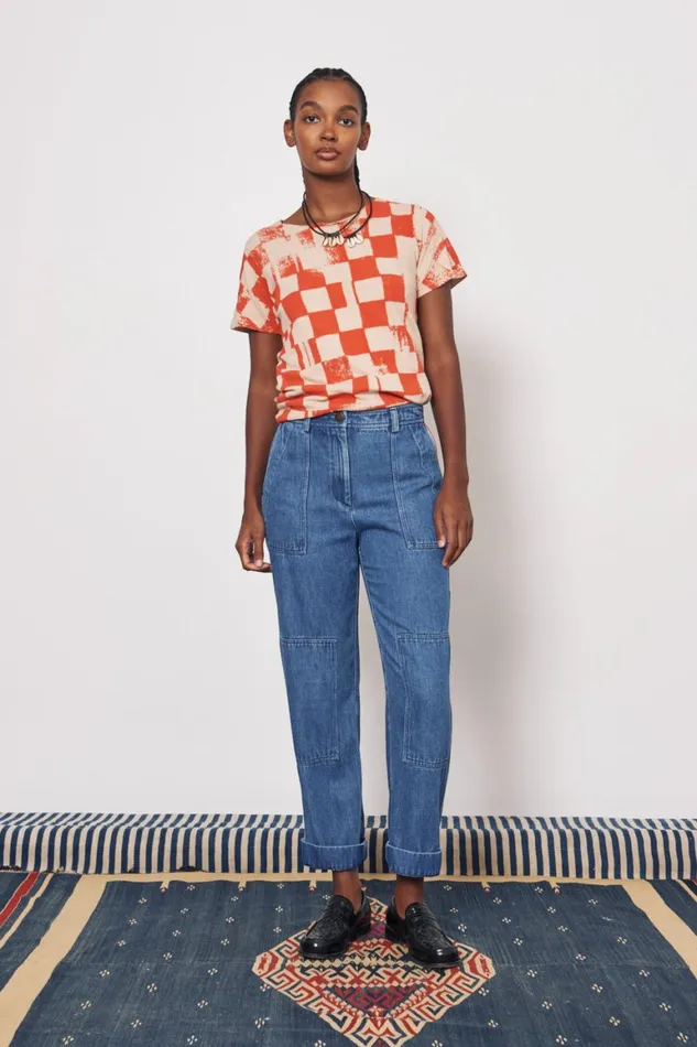 Women Check Camel And Tomato Kibo Tee Raquel Allegra TShirts