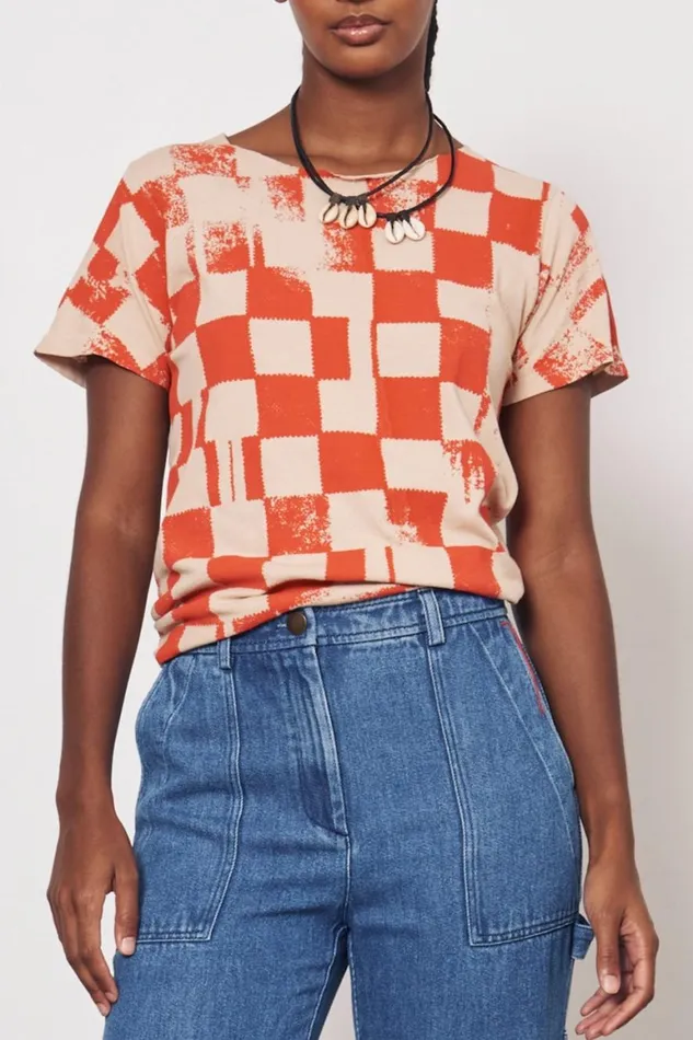 Women Check Camel And Tomato Kibo Tee Raquel Allegra TShirts