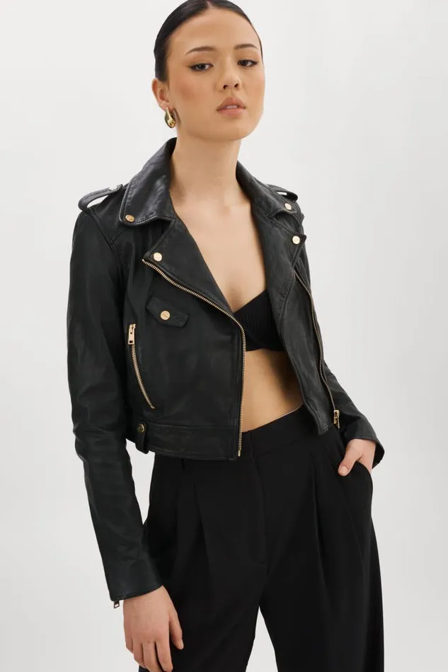 Women CIARA GOLD Cropped Leather Biker Jacket Black LAMARQUE Leather Jackets