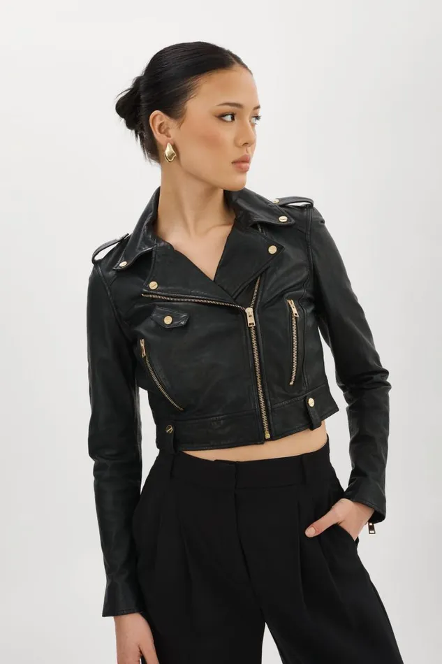 Women CIARA GOLD Cropped Leather Biker Jacket Black LAMARQUE Leather Jackets Women CIARA GOLD Cropped Leather Biker Jacket Black LAMARQUE Leather Jackets