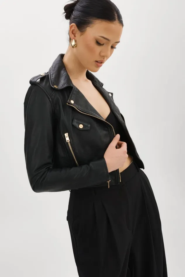 Women CIARA GOLD Cropped Leather Biker Jacket Black LAMARQUE Leather Jackets Women CIARA GOLD Cropped Leather Biker Jacket Black LAMARQUE Leather Jackets