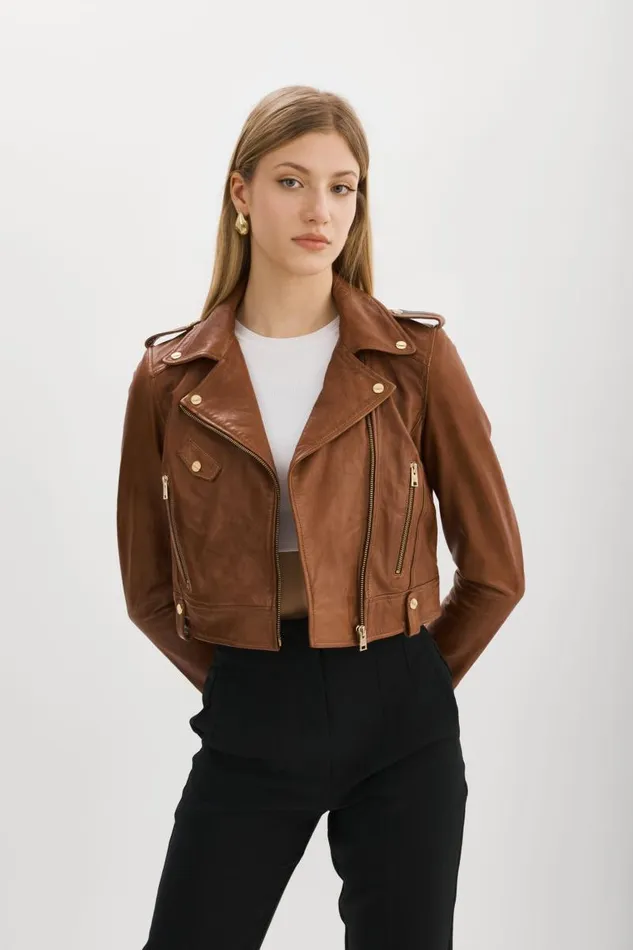 Women CIARA GOLD Cropped Leather Biker Jacket Luggage LAMARQUE Leather Jackets Women CIARA GOLD Cropped Leather Biker Jacket Luggage LAMARQUE Leather Jackets