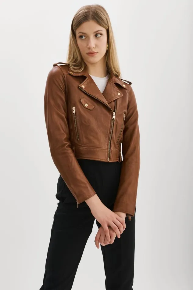 Women CIARA GOLD Cropped Leather Biker Jacket Luggage LAMARQUE Leather Jackets Women CIARA GOLD Cropped Leather Biker Jacket Luggage LAMARQUE Leather Jackets