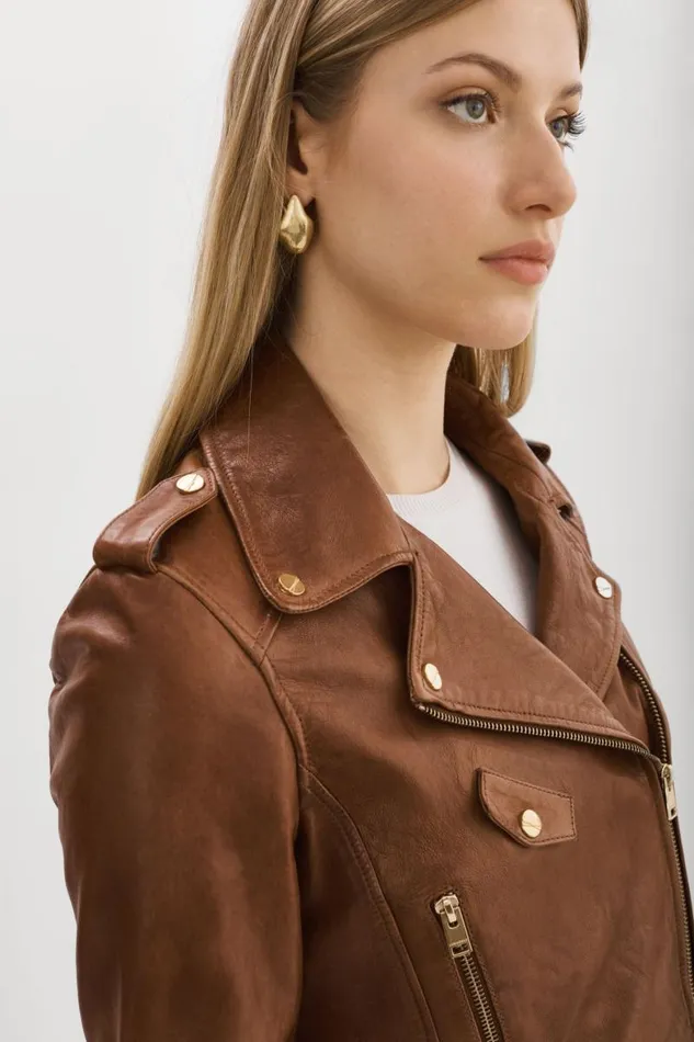 Women CIARA GOLD Cropped Leather Biker Jacket Luggage LAMARQUE Leather Jackets Women CIARA GOLD Cropped Leather Biker Jacket Luggage LAMARQUE Leather Jackets