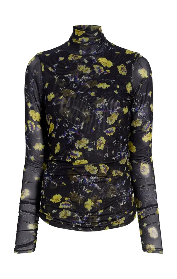 Women Cinq Sept Long Sleeve Tops Falling Poppies Shirred Mesh Turtleneck Black Multi