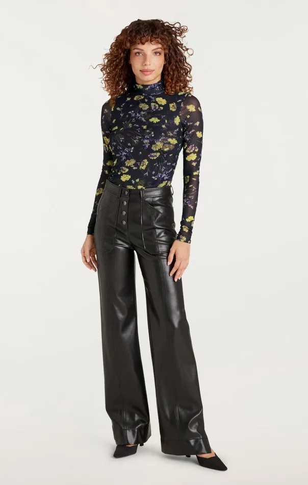 Women Cinq Sept Long Sleeve Tops Falling Poppies Shirred Mesh Turtleneck Black Multi
