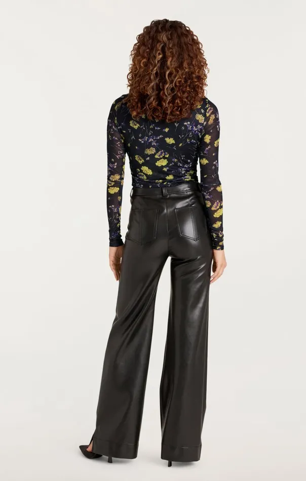 Women Cinq Sept Long Sleeve Tops Falling Poppies Shirred Mesh Turtleneck Black Multi