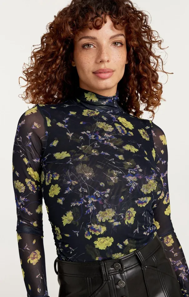 Women Cinq Sept Long Sleeve Tops Falling Poppies Shirred Mesh Turtleneck Black Multi