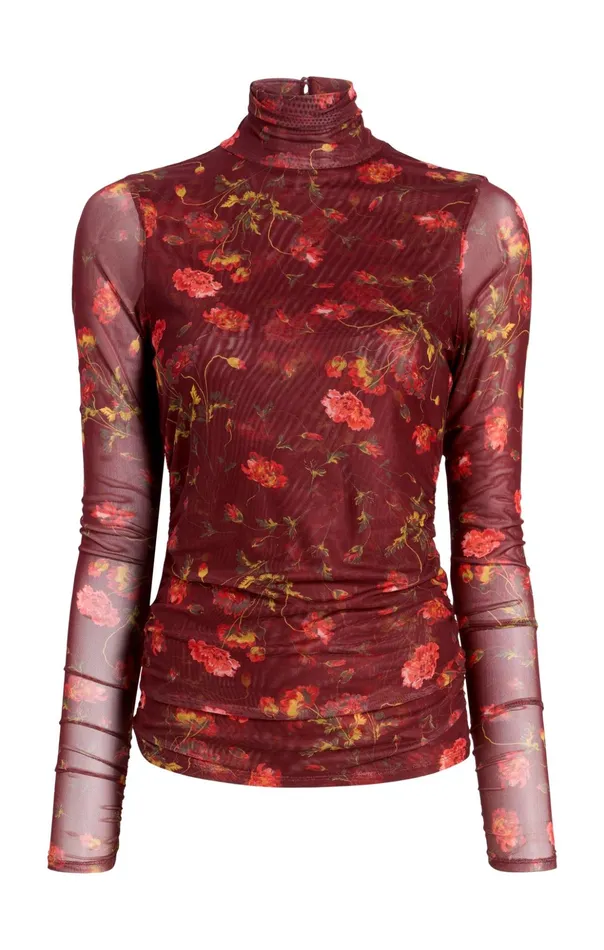 Women Cinq Sept Long Sleeve Tops Falling Poppies Shirred Mesh Turtleneck Rhubarb Multi Women Cinq Sept Long Sleeve Tops Falling Poppies Shirred Mesh Turtleneck Rhubarb Multi
