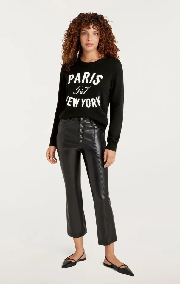 Women Cinq Sept Long Sleeve Tops Paris New York Graphic Crewneck Pullover Blackivory