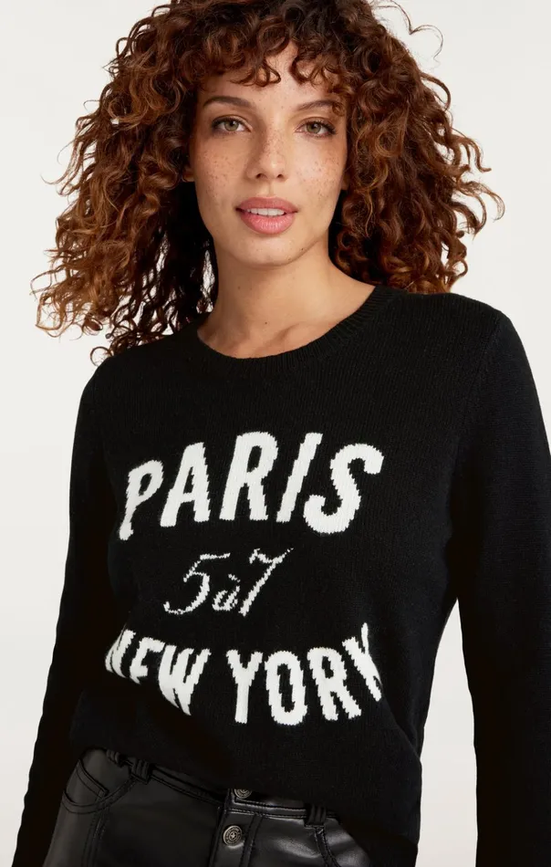 Women Cinq Sept Long Sleeve Tops Paris New York Graphic Crewneck Pullover Blackivory