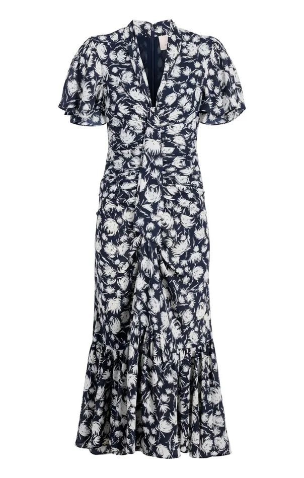 Women Cinq Sept Midi Graphic Floral Peeta Dress Navyivory