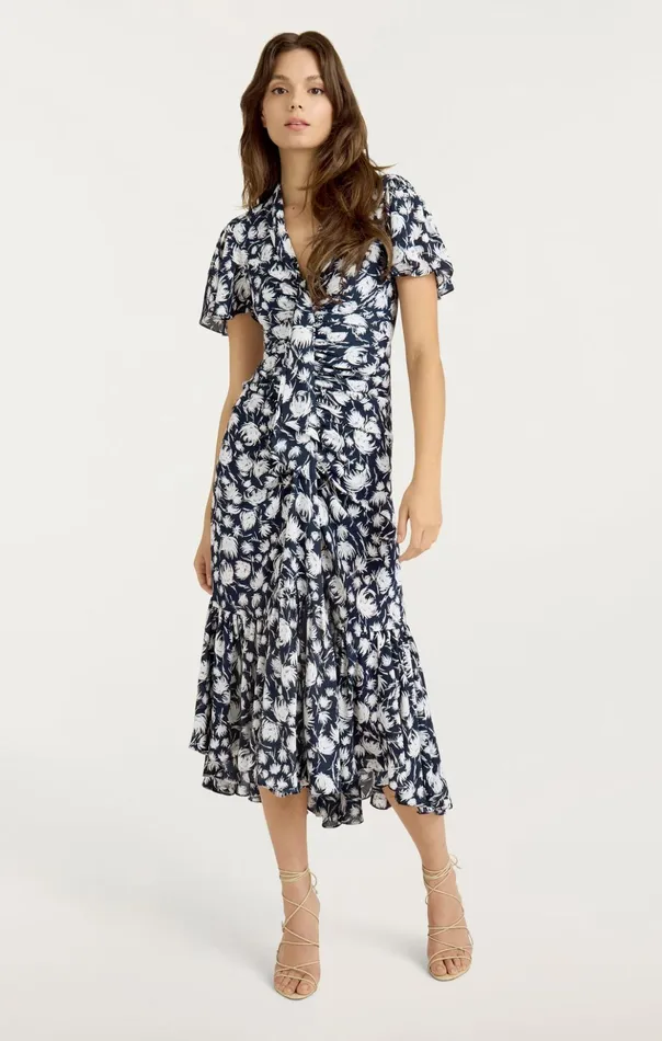 Women Cinq Sept Midi Graphic Floral Peeta Dress Navyivory