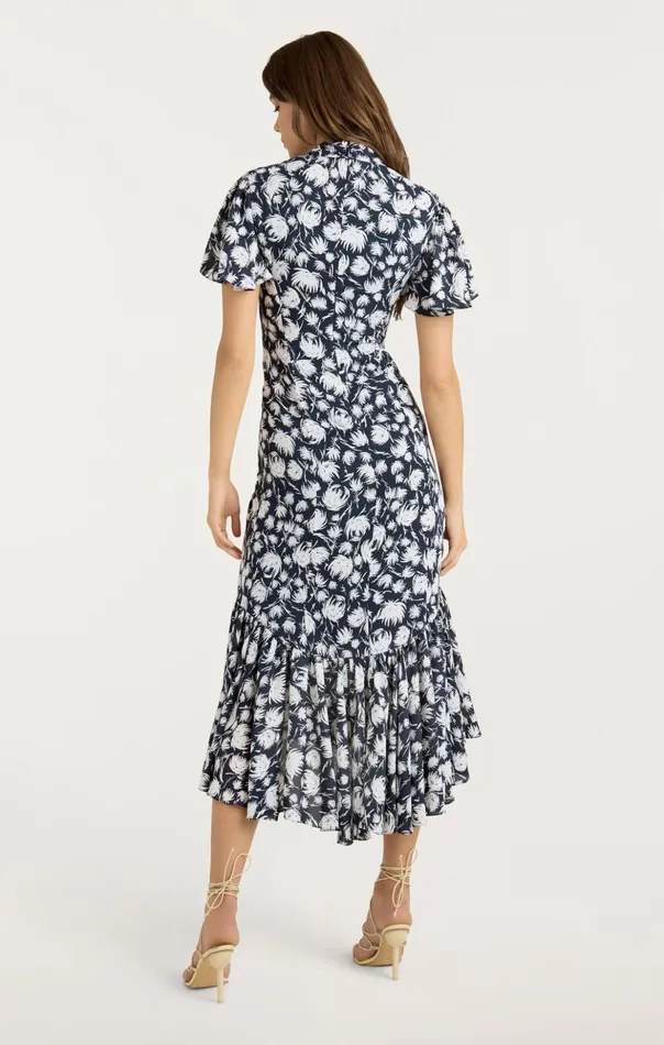 Women Cinq Sept Midi Graphic Floral Peeta Dress Navyivory