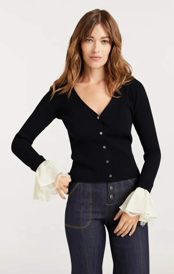 Women Cinq Sept Sweaters and Knits Bernadette Prestyled Ribbed Cardigan Blackivory