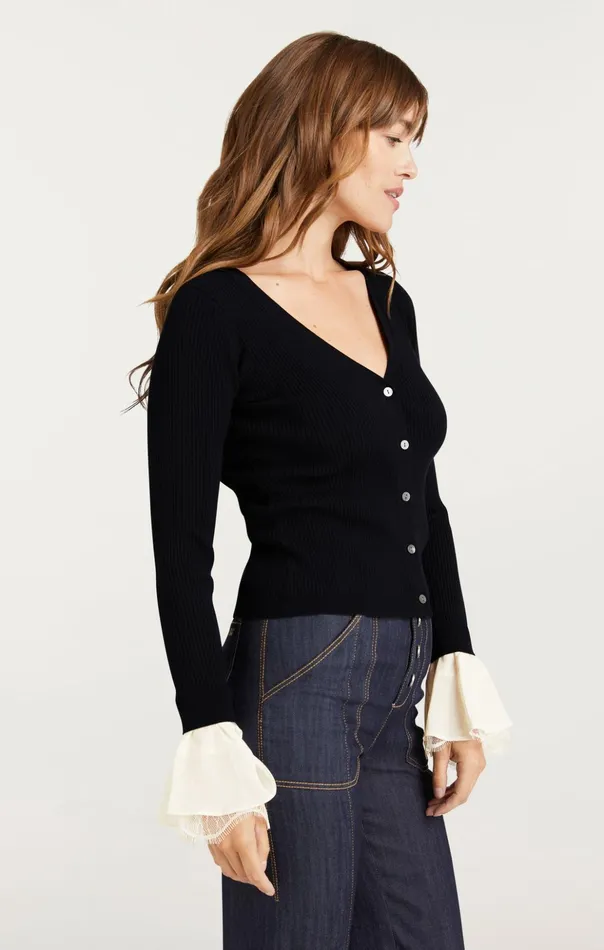 Women Cinq Sept Sweaters and Knits Bernadette Prestyled Ribbed Cardigan Blackivory