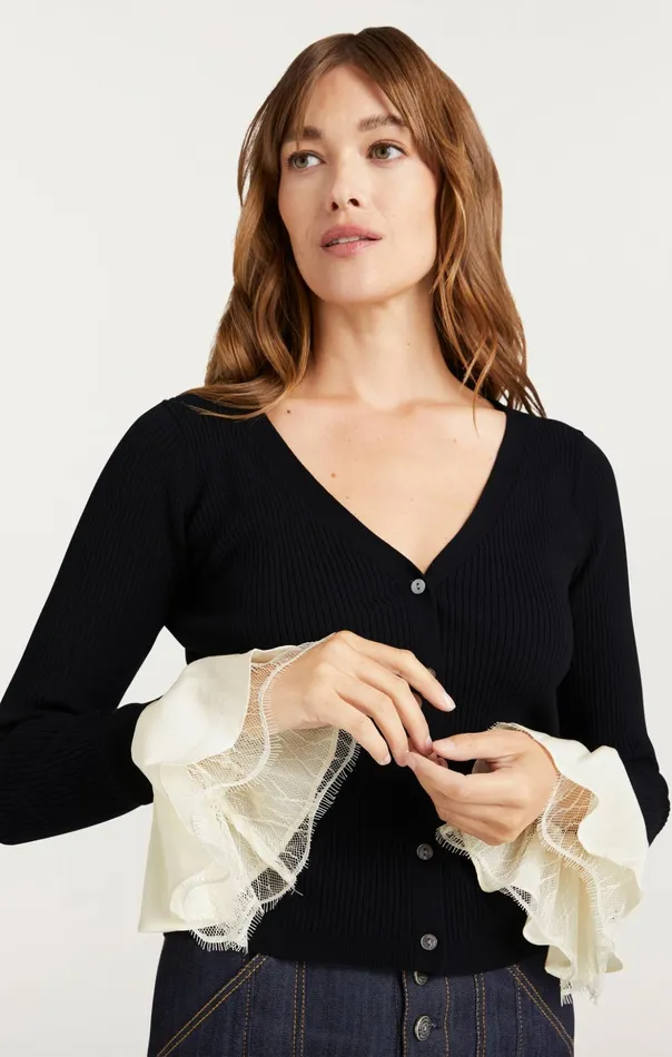 Women Cinq Sept Sweaters and Knits Bernadette Prestyled Ribbed Cardigan Blackivory