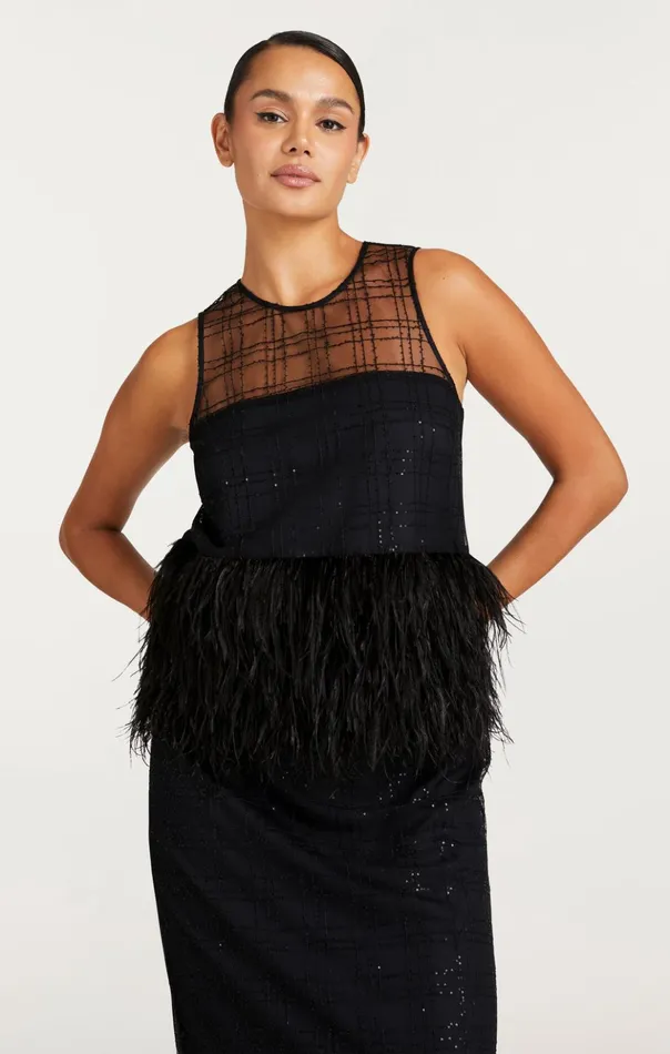 Women Cinq Sept Tank Tops and Camisoles Sequin Plaid Charisse Top Black