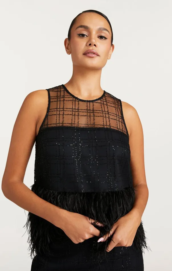 Women Cinq Sept Tank Tops and Camisoles Sequin Plaid Charisse Top Black