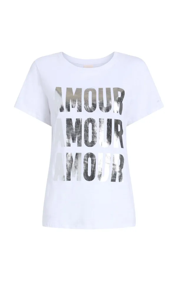 Women Cinq Sept Tees and Pullovers Amour Amour Amour Foiled Tee Whitesilver