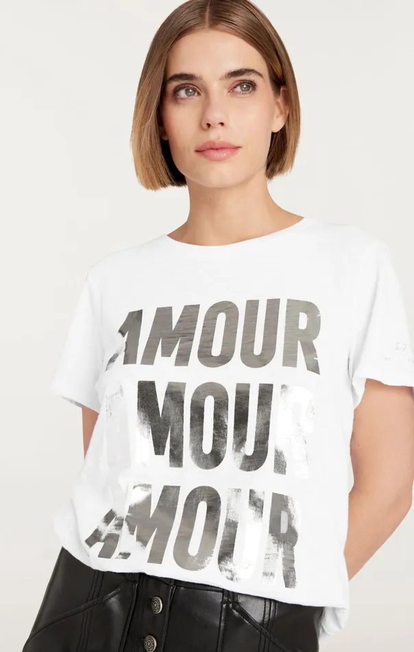 Women Cinq Sept Tees and Pullovers Amour Amour Amour Foiled Tee Whitesilver