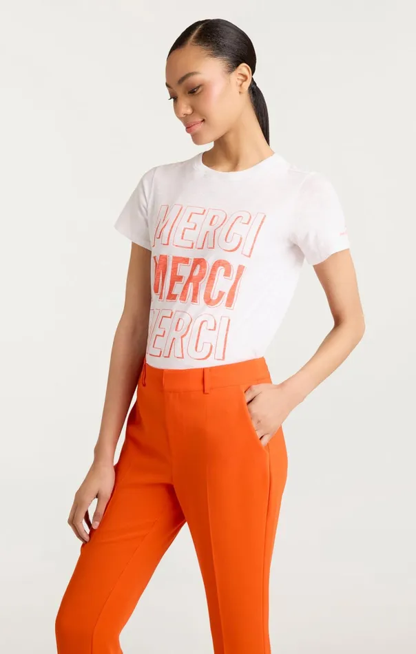 Women Cinq Sept Tees and Pullovers Pop Up Merci Merci Merci Tee Whitecherry Tomato