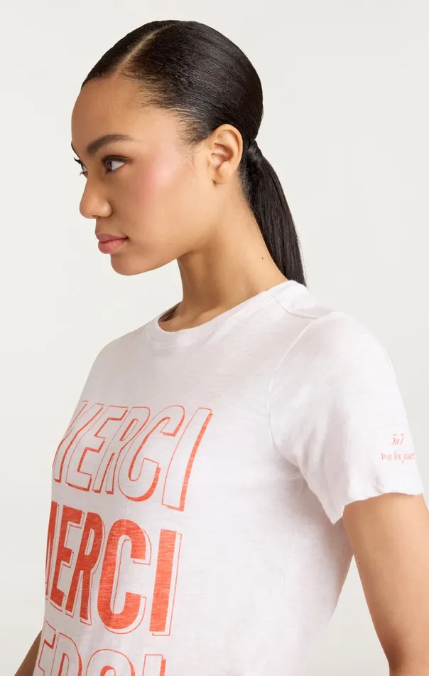 Women Cinq Sept Tees and Pullovers Pop Up Merci Merci Merci Tee Whitecherry Tomato
