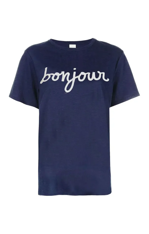 Women Cinq Sept Tees and Pullovers Sequined Bonjour Tee Navywhite