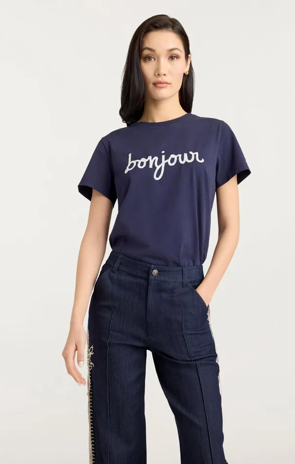 Women Cinq Sept Tees and Pullovers Sequined Bonjour Tee Navywhite