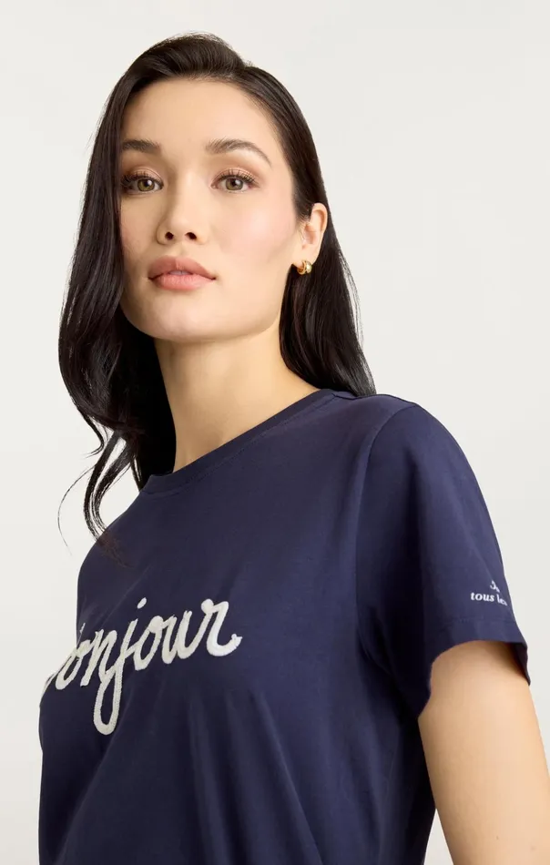 Women Cinq Sept Tees and Pullovers Sequined Bonjour Tee Navywhite