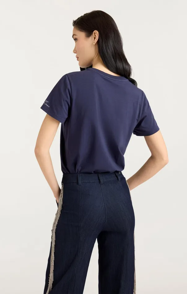 Women Cinq Sept Tees and Pullovers Sequined Bonjour Tee Navywhite