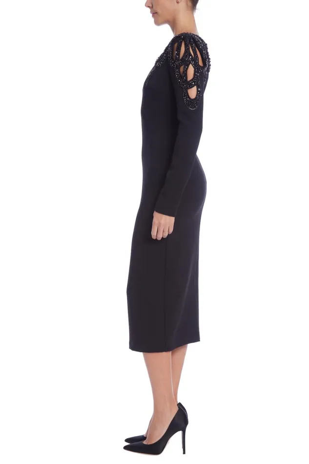 Women Cocktail Badgley Mischka Long Sleeve Boatneck Midi Sheath Dress Black